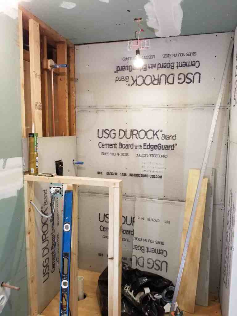 Photo of during construction of the Inverness bathroom remodel