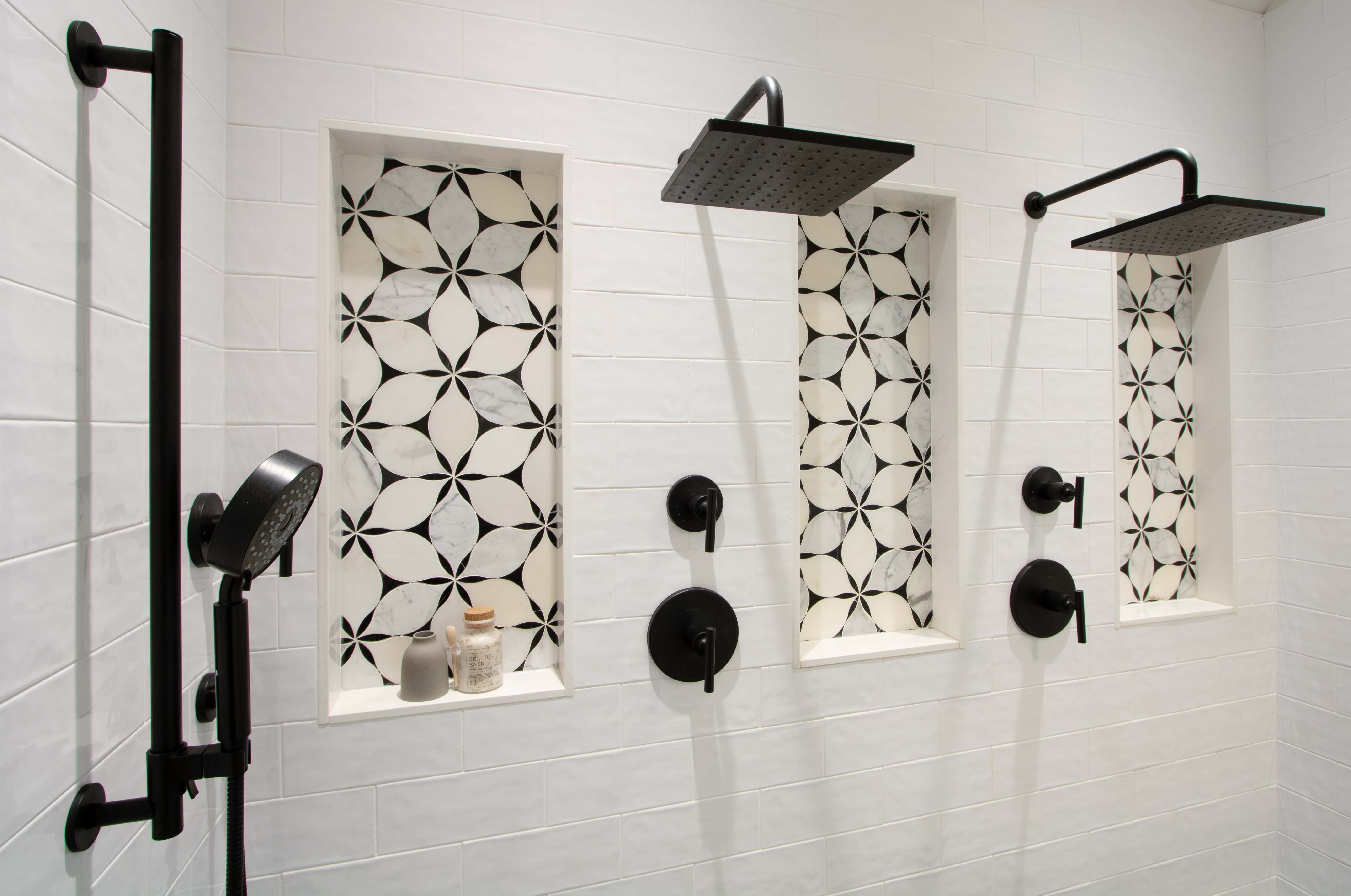 Decorative shampoo niche in custom shower installed in Hawthorn Woods renovation