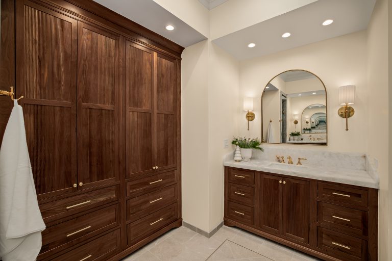 Freestanding soaking tub and tile accent wall in a bathroom remodel in Northbrook, Illinois